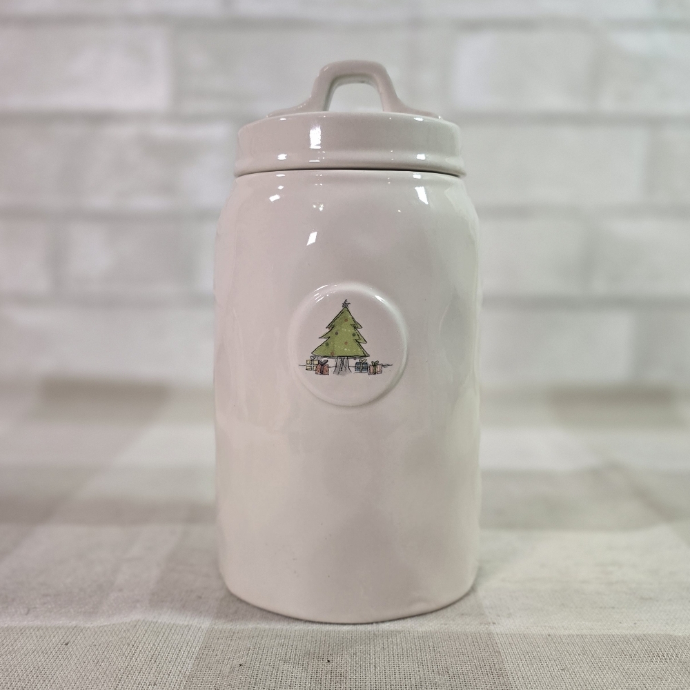 Rae Dunn By Magenta Artisan Christmas Tree Tall Canister Jar 8” Tall Dimpled HTF